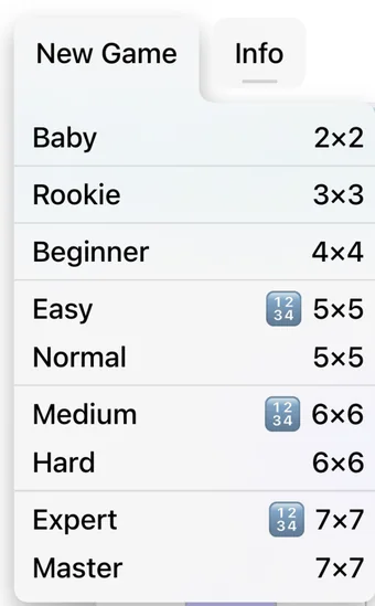 New Game menu listing nine levels: Baby 2×2, Rookie 3×3, Beginner 4×4, Easy 5×5, Normal 5×5, Medium 6×6, Hard 6×6, Expert 7×7, Master 7×7